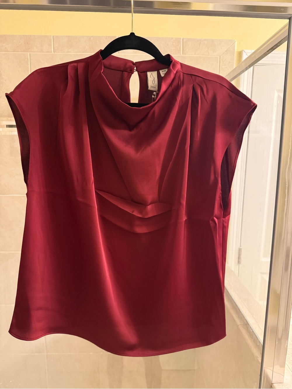 Joie Satin Cowl-Neck Cap-Sleeve Blouse in Wine Red